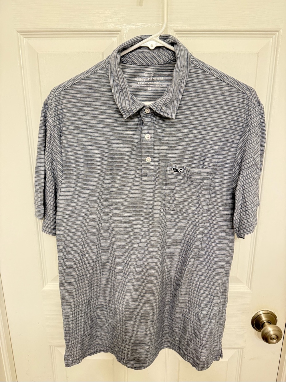 Vineyard Vines Edgartown Polo Mens Sz M Blue Striped Whale Pima Cotton Golf